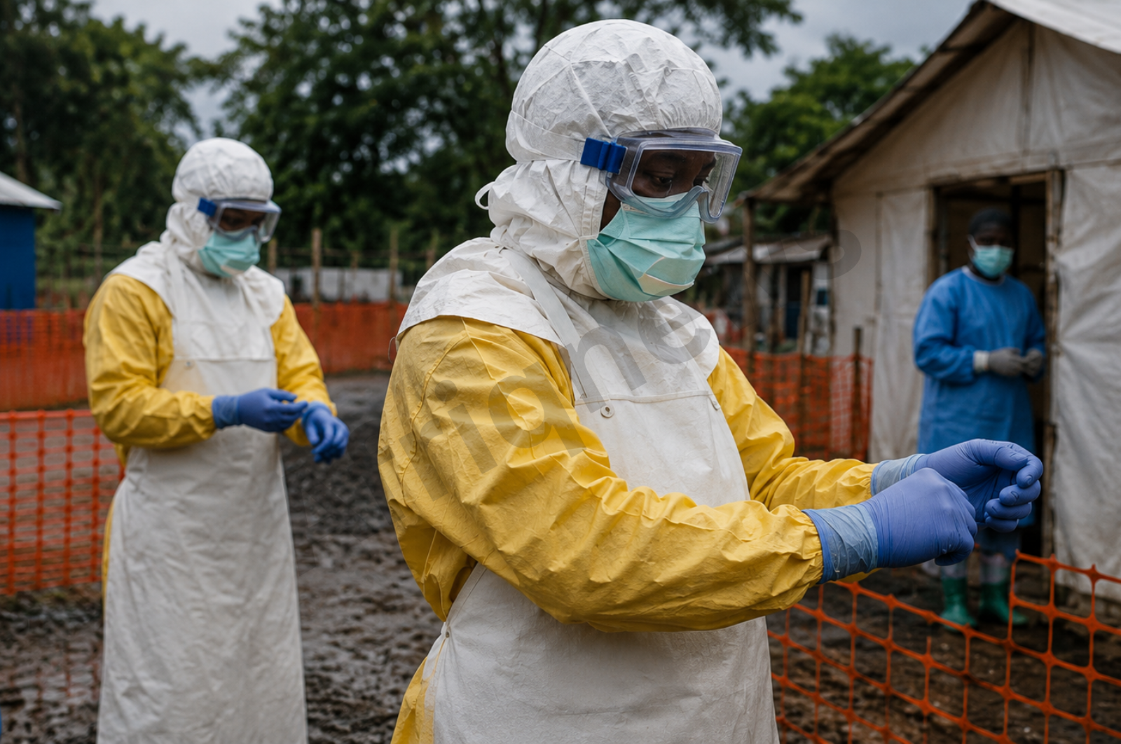 Équipe médicale mobilisée contre Ebola en RDC dans un centre de traitement sécurisé