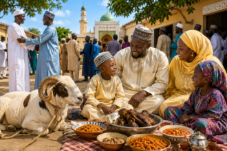 Famille réunie pour célébrer la Tabaski avec un mouton